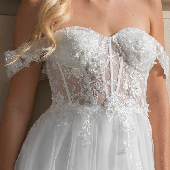 NEW LONG OFF WHITE OFF THE SHOULDER EMBROIDERED WEDDING SLEEVELESS DRESS AC 5023 - Picture 5 of 6